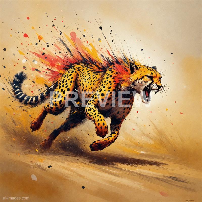 The image depicts a dynamic and vivid illustration of a cheetah in mid-run, with its mouth open as if roaring or snarling. The cheetah's body is painted in bright yellow and orange tones with black spots, and it features a striking red and black mane-like fur on its back, giving it an almost mythical appearance. The background is a warm, sandy color with splashes of paint and streaks that emphasize the speed and intensity of the creature's movement.